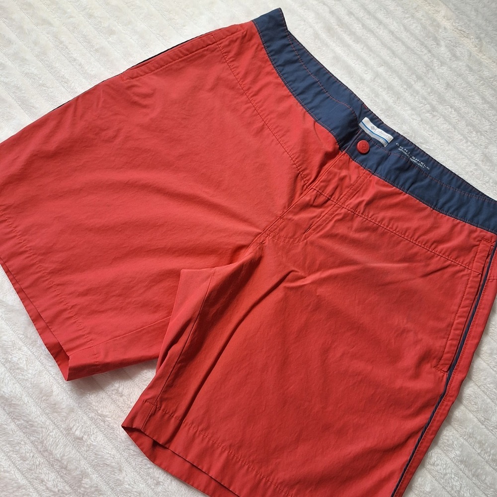 Columbia Omni Shield Relaxed Fit Shorts Mens 34 Red Blue Hiking Camping